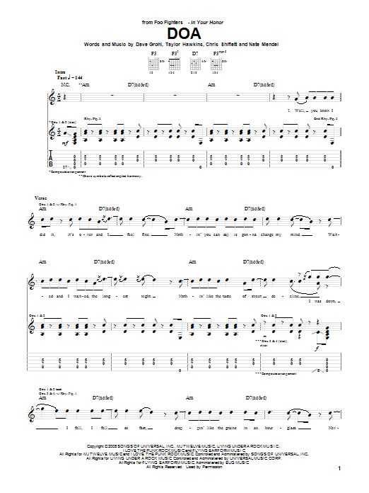 Foo Fighters DOA Sheet Music Notes & Chords for Guitar Tab Play-Along - Download or Print PDF