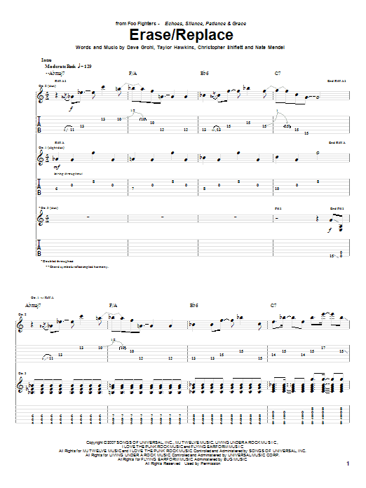 Foo Fighters Erase/Replace Sheet Music Notes & Chords for Guitar Tab - Download or Print PDF