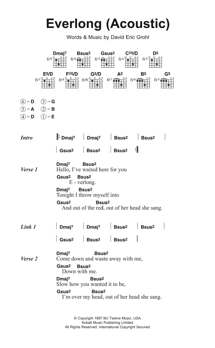 Foo Fighters Everlong (Acoustic version) Sheet Music Notes & Chords for Lyrics & Chords - Download or Print PDF