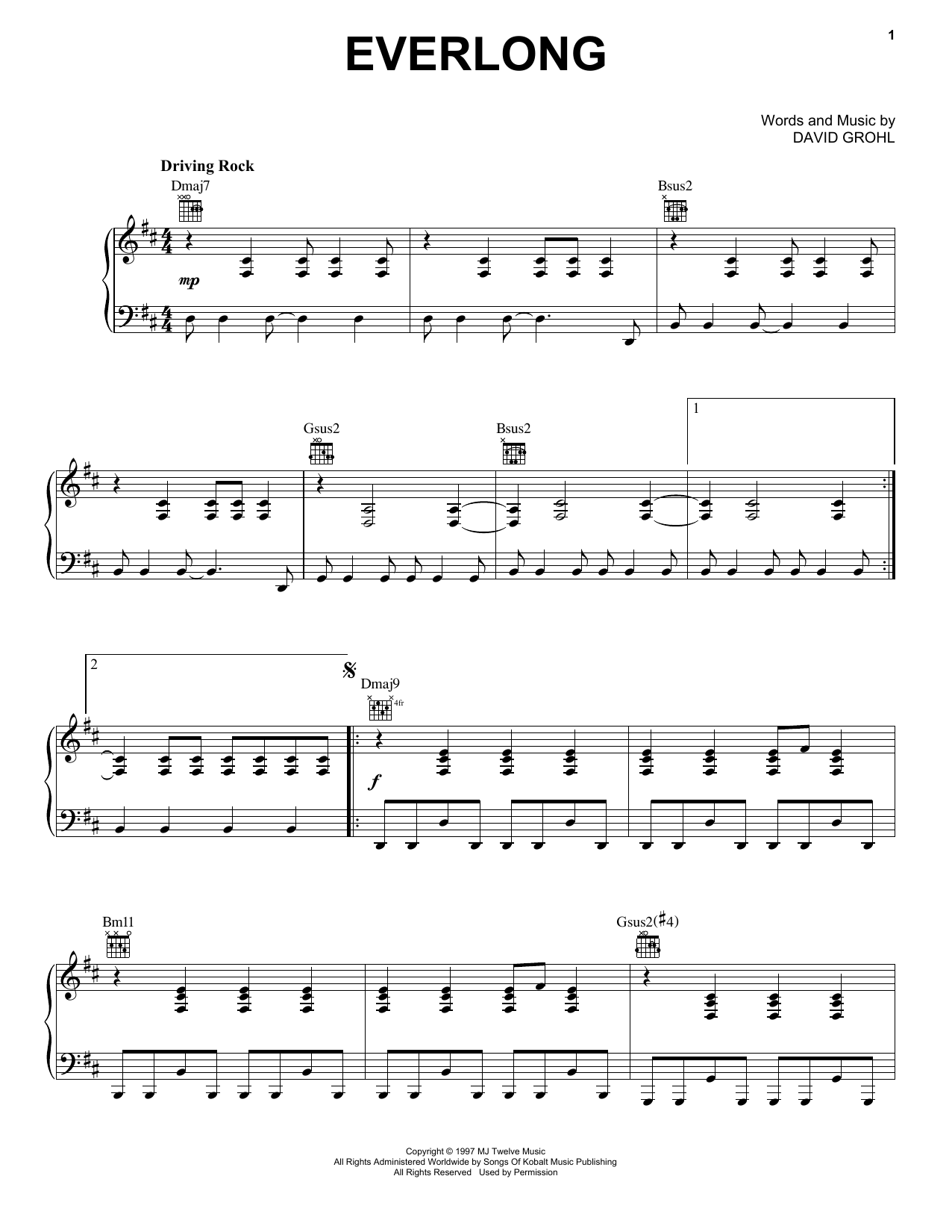 Foo Fighters Everlong Sheet Music Notes & Chords for Easy Guitar Tab - Download or Print PDF