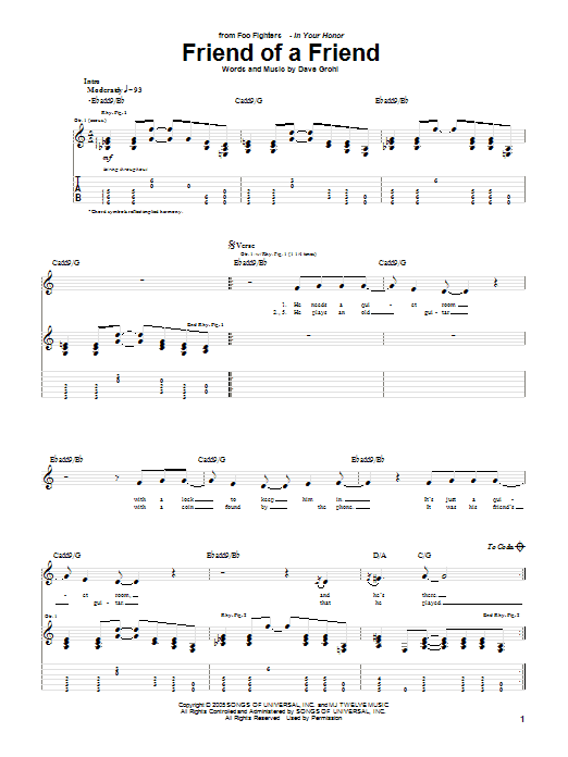 Foo Fighters Friend Of A Friend Sheet Music Notes & Chords for Guitar Tab - Download or Print PDF