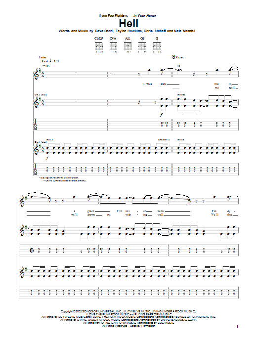 Foo Fighters Hell Sheet Music Notes & Chords for Guitar Tab - Download or Print PDF