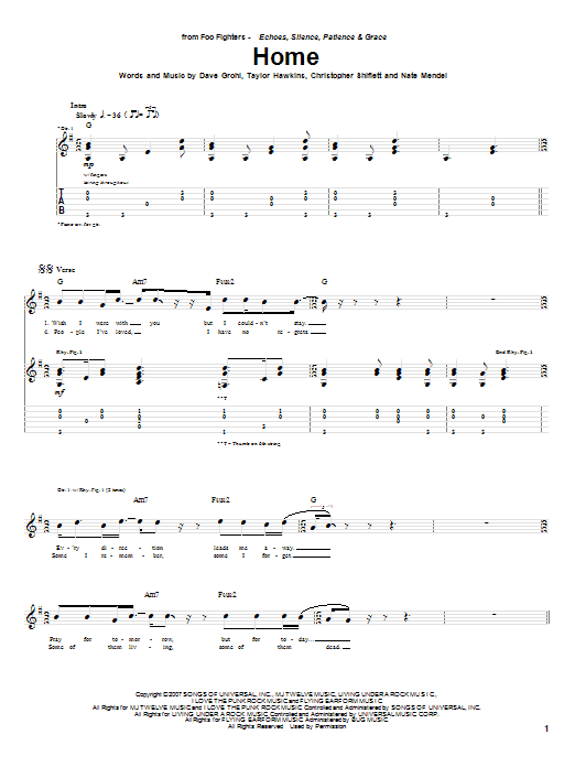 Foo Fighters Home Sheet Music Notes & Chords for Guitar Tab - Download or Print PDF