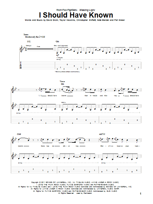 Foo Fighters I Should Have Known Sheet Music Notes & Chords for Guitar Tab - Download or Print PDF