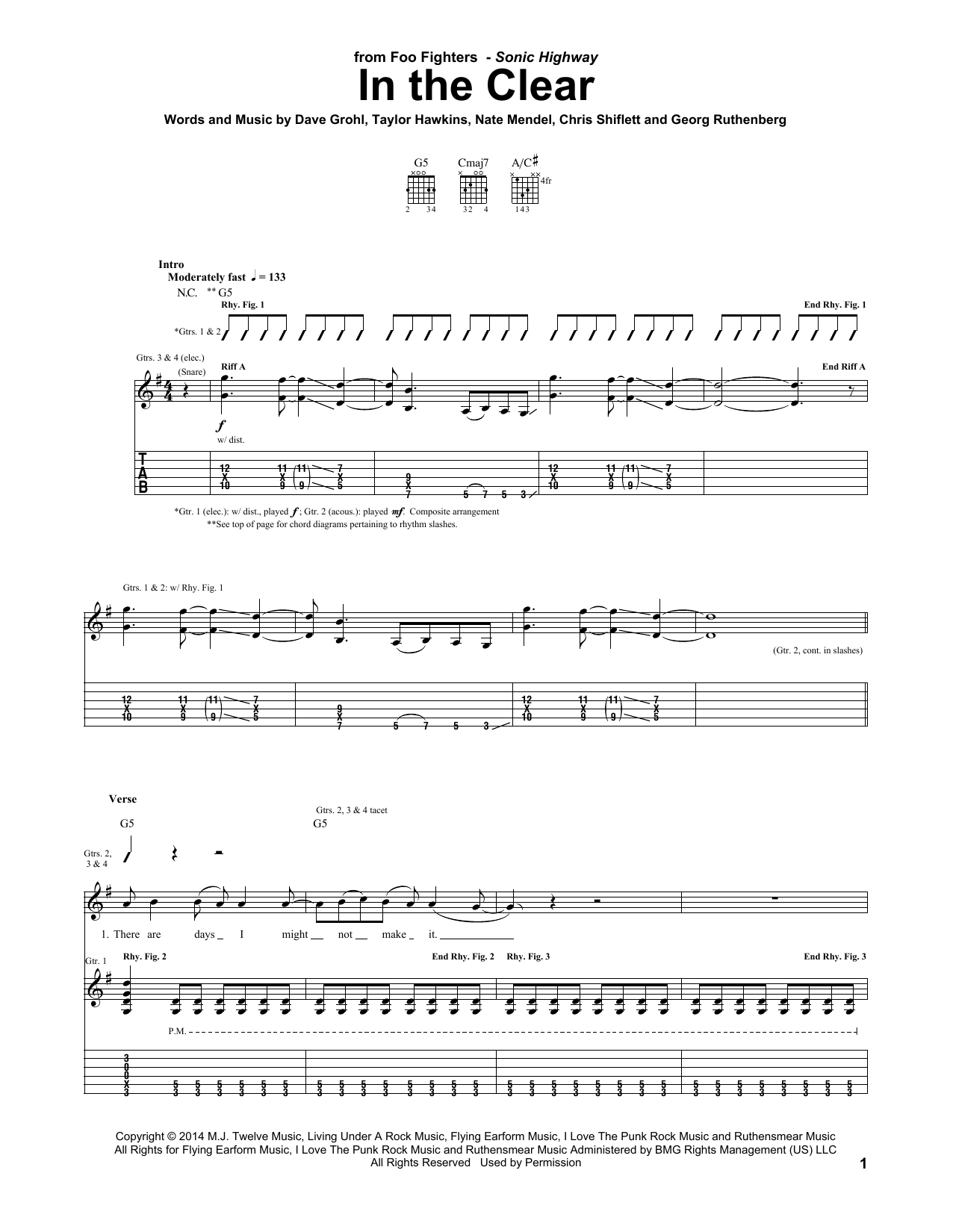 Foo Fighters In The Clear Sheet Music Notes & Chords for Guitar Tab - Download or Print PDF