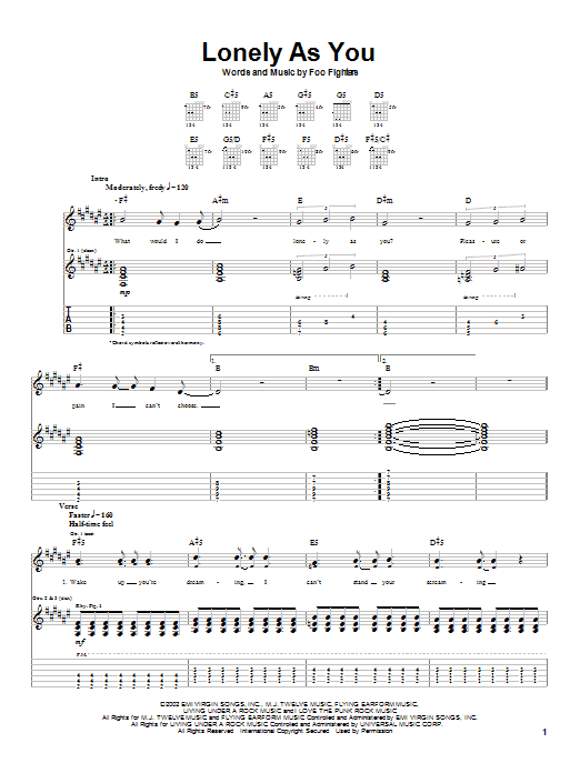 Foo Fighters Lonely As You Sheet Music Notes & Chords for Guitar Tab - Download or Print PDF