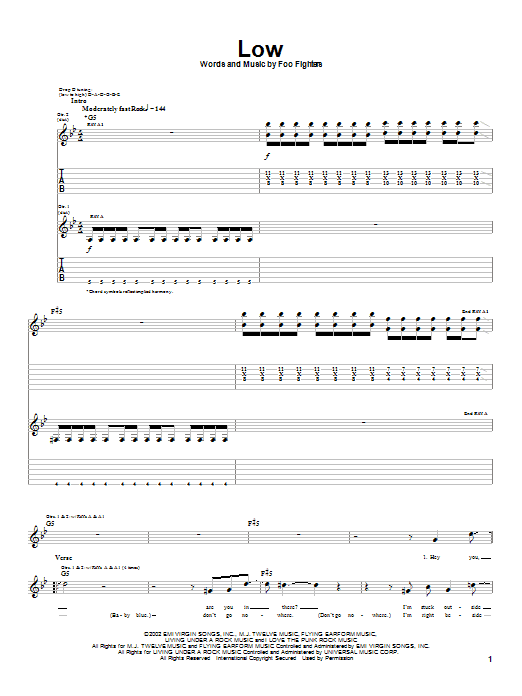Foo Fighters Low Sheet Music Notes & Chords for Guitar Tab - Download or Print PDF
