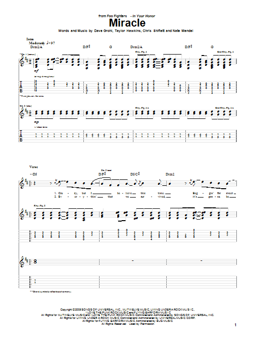 Foo Fighters Miracle Sheet Music Notes & Chords for Guitar Tab - Download or Print PDF