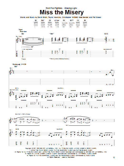 Foo Fighters Miss The Misery Sheet Music Notes & Chords for Guitar Tab - Download or Print PDF