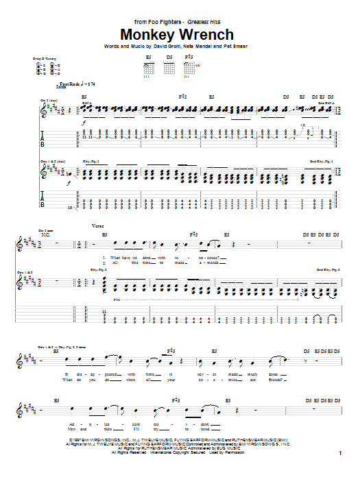 Foo Fighters Monkey Wrench Sheet Music Notes & Chords for Bass Guitar Tab - Download or Print PDF