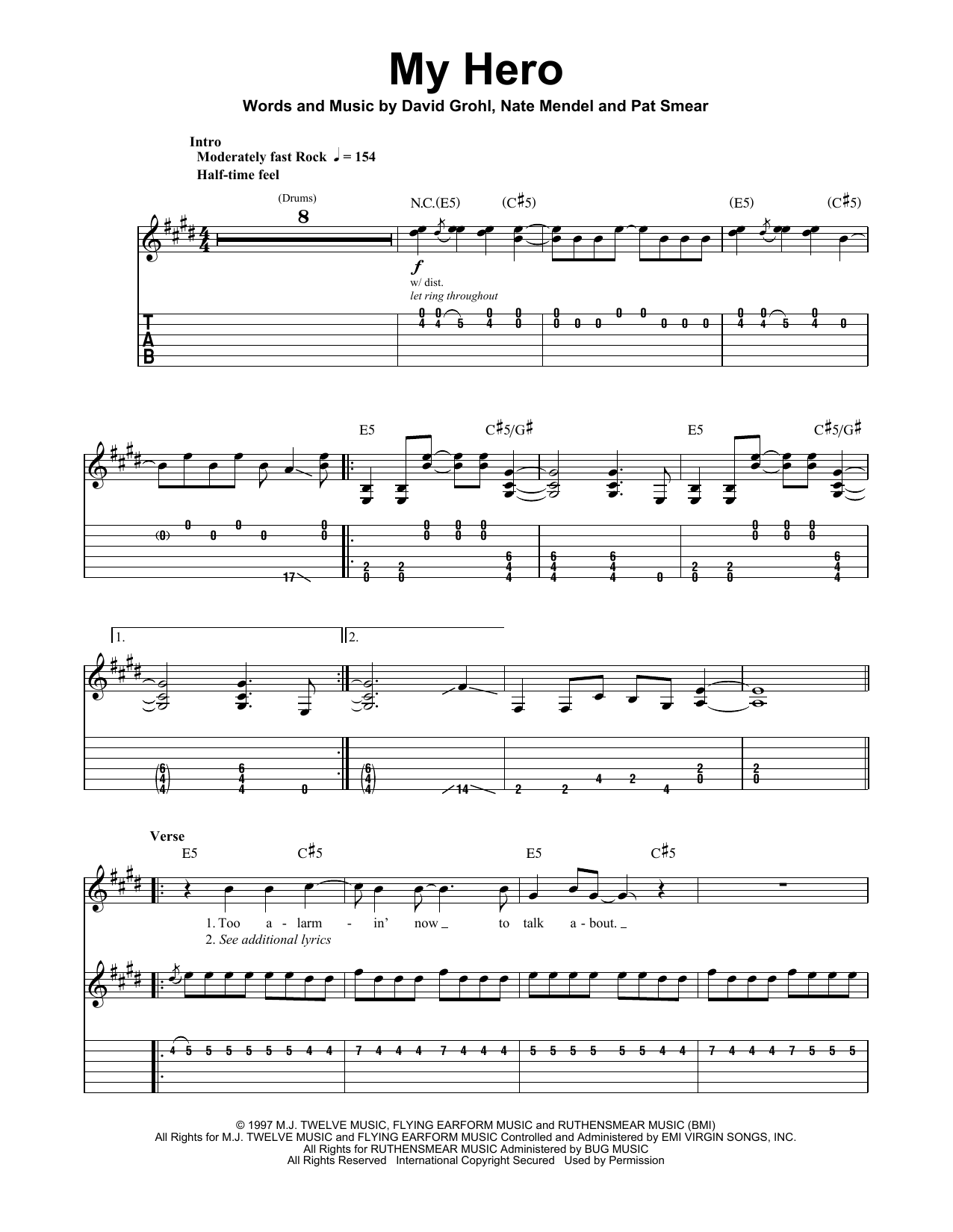 Foo Fighters My Hero Sheet Music Notes & Chords for Guitar Tab Play-Along - Download or Print PDF