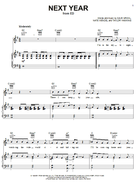 Foo Fighters Next Year Sheet Music Notes & Chords for Piano, Vocal & Guitar (Right-Hand Melody) - Download or Print PDF