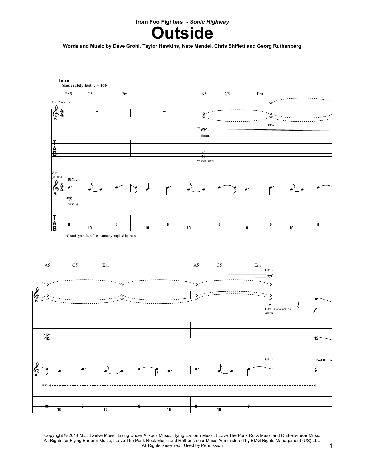 Foo Fighters Outside Sheet Music Notes & Chords for Guitar Tab - Download or Print PDF