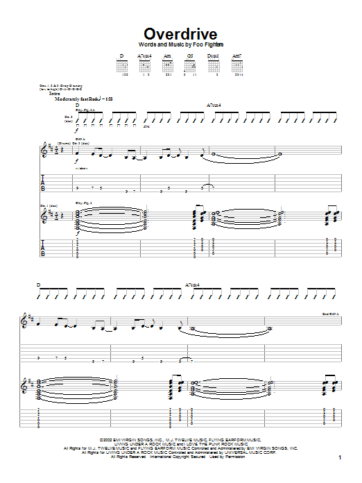 Foo Fighters Overdrive Sheet Music Notes & Chords for Guitar Tab - Download or Print PDF