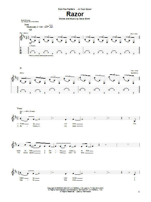 Foo Fighters Razor Sheet Music Notes & Chords for Guitar Tab - Download or Print PDF