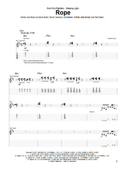 Foo Fighters Rope Sheet Music Notes & Chords for Guitar Tab - Download or Print PDF