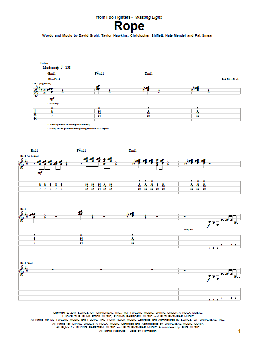 Foo Fighters Rope Sheet Music Notes & Chords for Easy Guitar Tab - Download or Print PDF