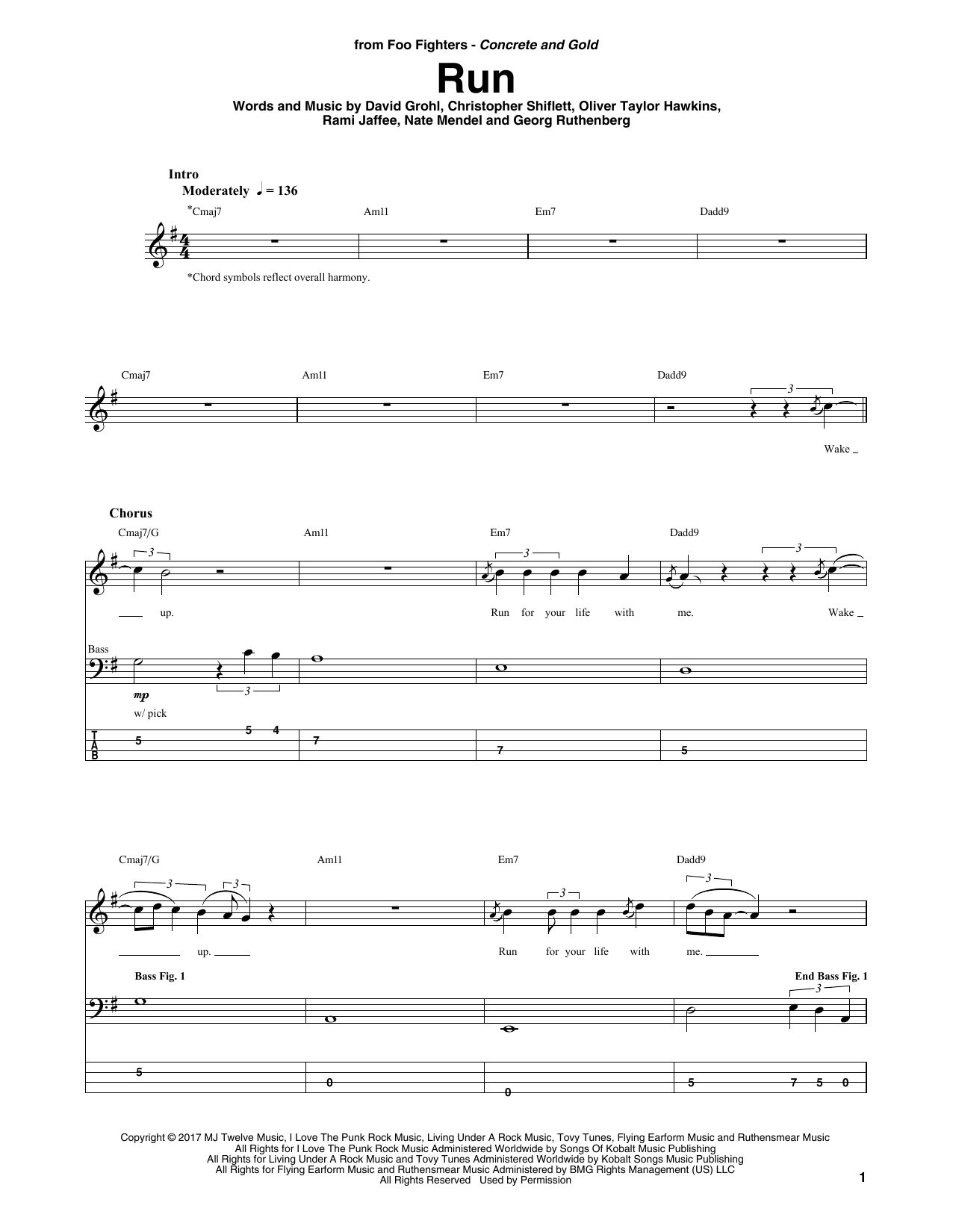 Foo Fighters Run Sheet Music Notes & Chords for Bass Guitar Tab - Download or Print PDF