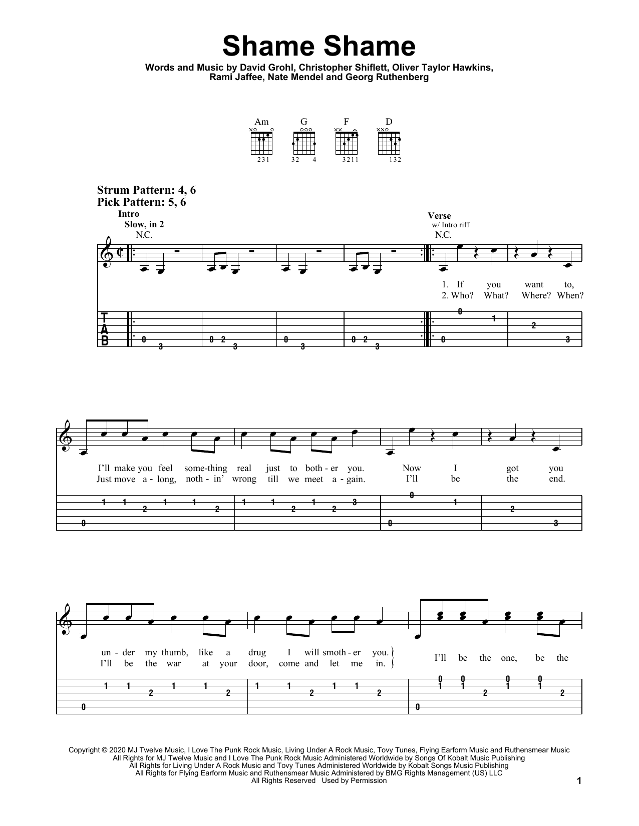 Foo Fighters Shame Shame Sheet Music Notes & Chords for Easy Guitar Tab - Download or Print PDF