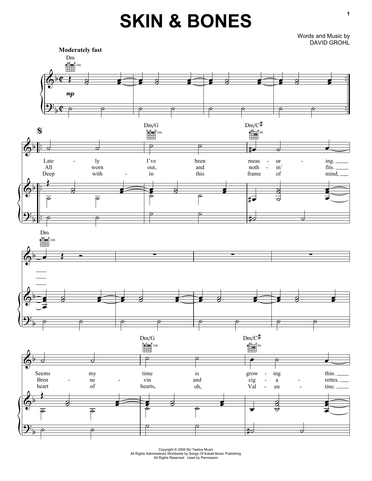 Foo Fighters Skin & Bones Sheet Music Notes & Chords for Piano, Vocal & Guitar (Right-Hand Melody) - Download or Print PDF