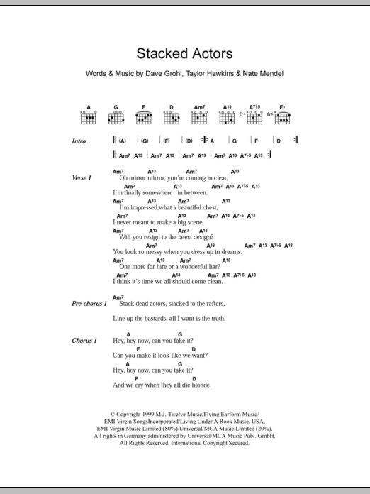 Foo Fighters Stacked Actors Sheet Music Notes & Chords for Lyrics & Chords - Download or Print PDF