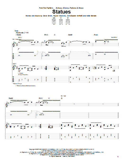 Foo Fighters Statues Sheet Music Notes & Chords for Guitar Tab - Download or Print PDF Foo Fighters Statues Sheet Music Notes & Chords for Guitar Tab - Download or Print PDF