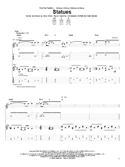 Foo Fighters Statues Sheet Music Notes & Chords for Guitar Tab - Download or Print PDF