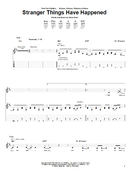 Foo Fighters Stranger Things Have Happened Sheet Music Notes & Chords for Guitar Tab - Download or Print PDF