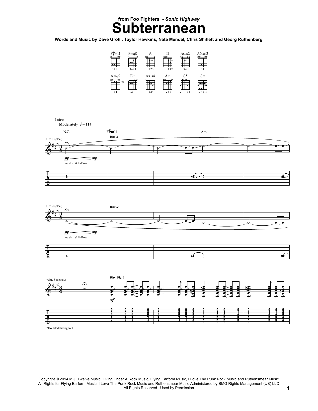 Foo Fighters Subterranean Sheet Music Notes & Chords for Guitar Tab - Download or Print PDF