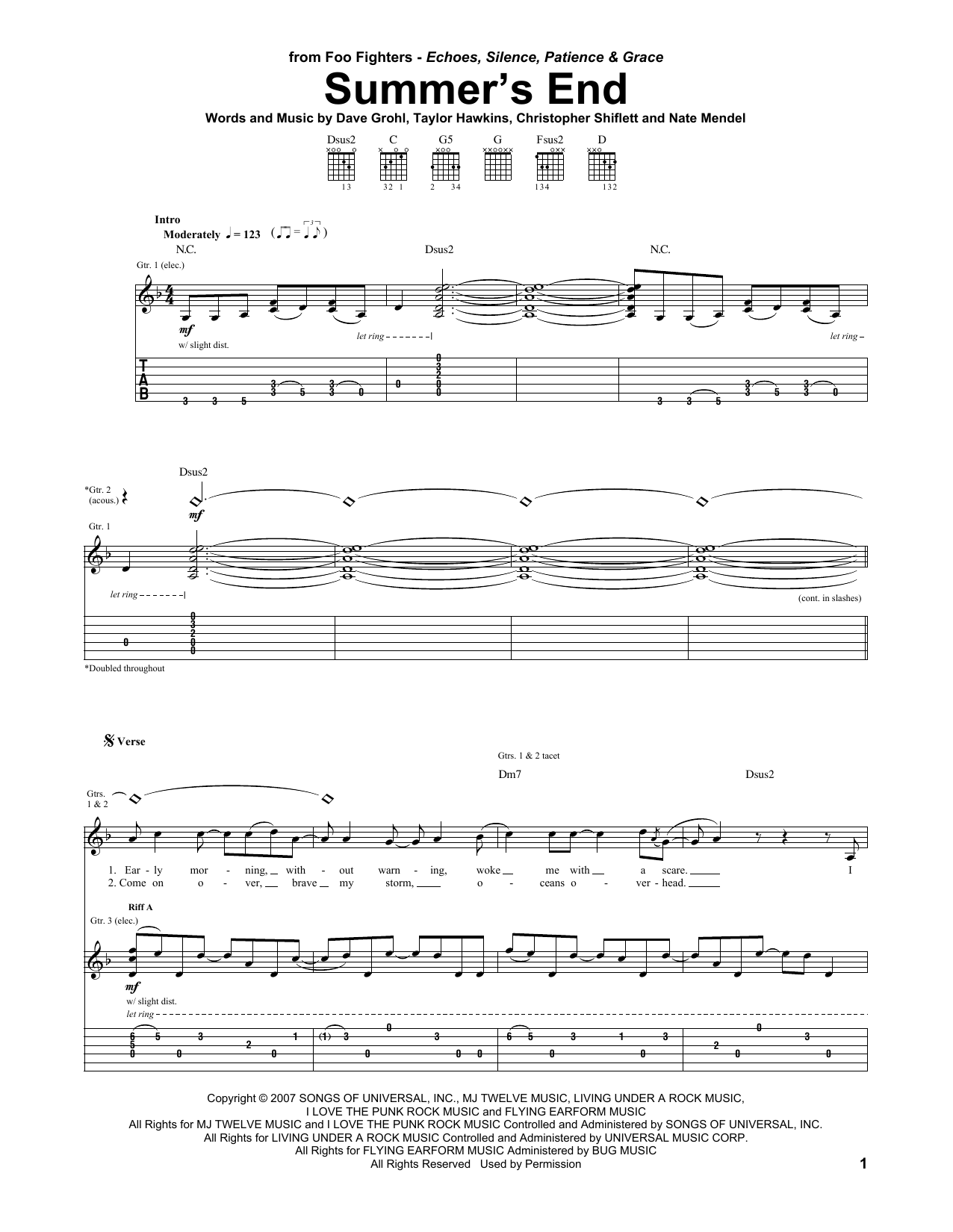 Foo Fighters Summer's End Sheet Music Notes & Chords for Guitar Tab - Download or Print PDF