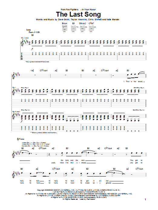 Foo Fighters The Last Song Sheet Music Notes & Chords for Guitar Tab - Download or Print PDF