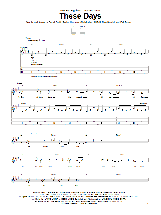 Foo Fighters These Days Sheet Music Notes & Chords for Guitar Tab - Download or Print PDF
