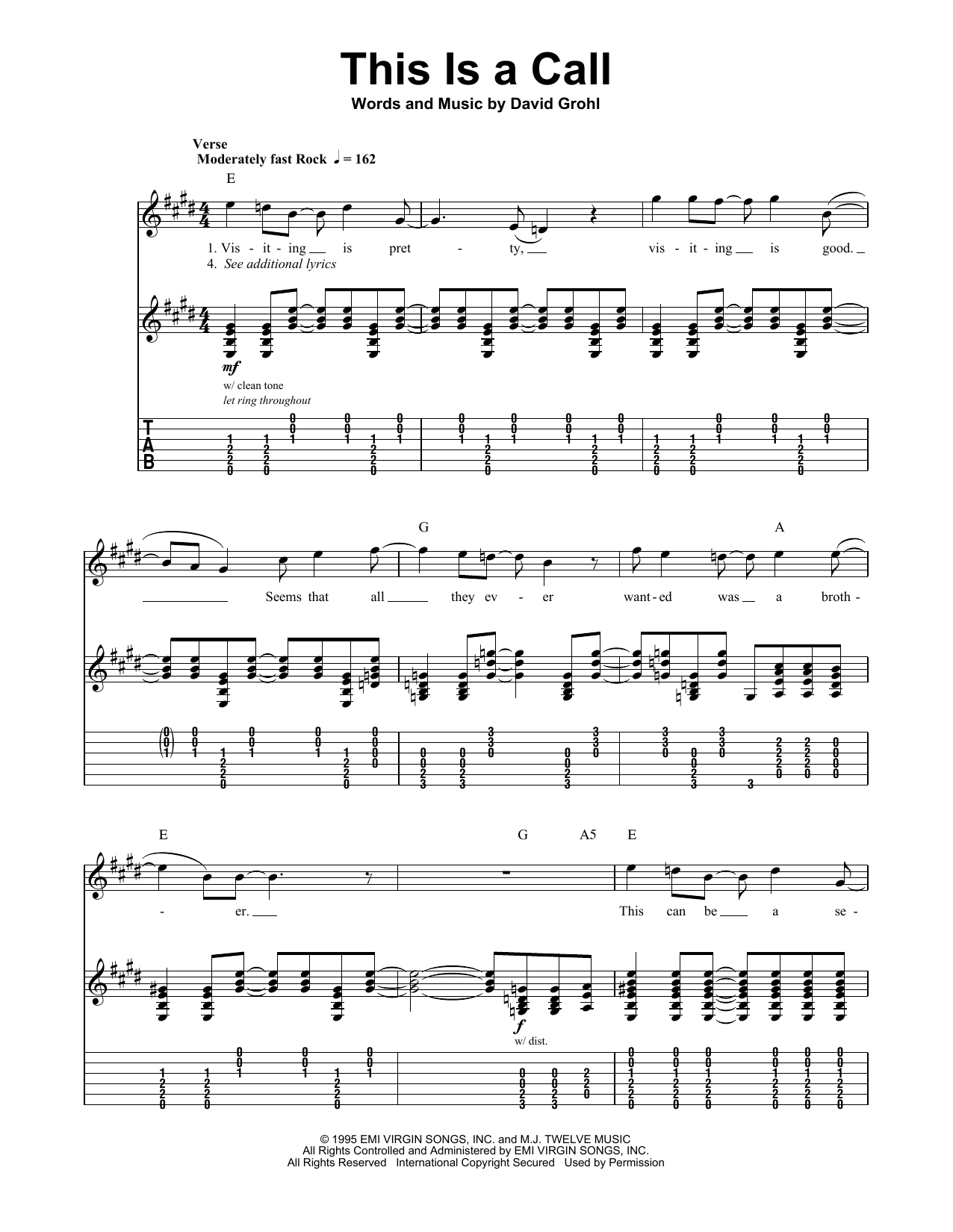 Foo Fighters This Is A Call Sheet Music Notes & Chords for Easy Guitar Tab - Download or Print PDF