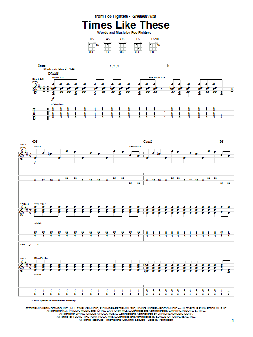 Foo Fighters Times Like These Sheet Music Notes & Chords for Easy Guitar Tab - Download or Print PDF