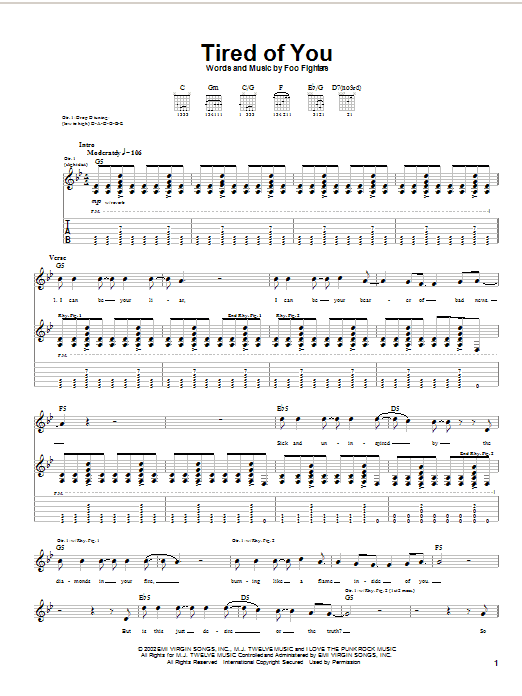 Foo Fighters Tired Of You Sheet Music Notes & Chords for Guitar Tab - Download or Print PDF