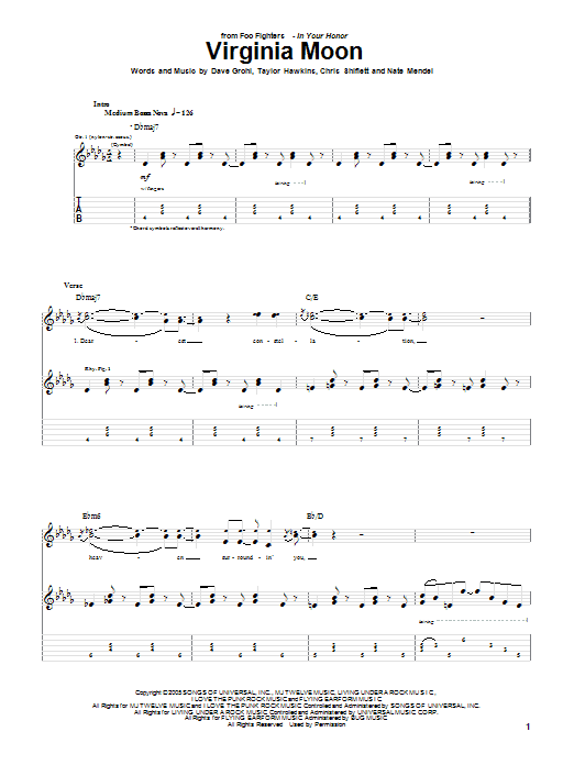 Foo Fighters Virginia Moon Sheet Music Notes & Chords for Guitar Tab - Download or Print PDF
