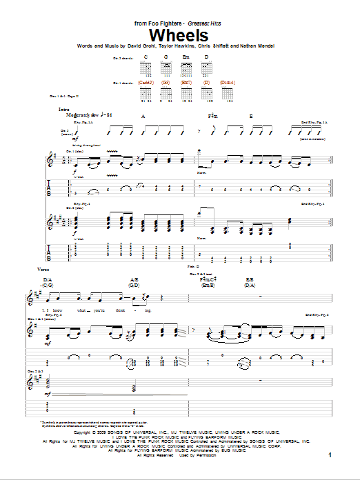 Foo Fighters Wheels Sheet Music Notes & Chords for Guitar Tab - Download or Print PDF