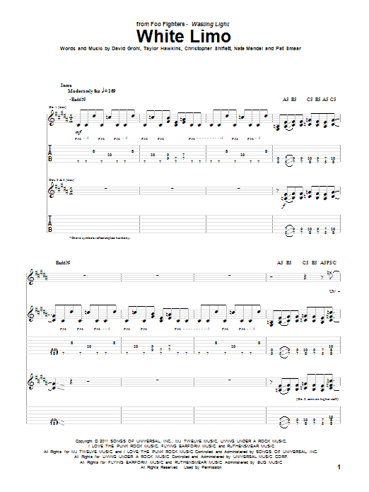 Foo Fighters White Limo Sheet Music Notes & Chords for Guitar Tab - Download or Print PDF