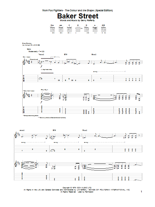Preview Foo Fighters Baker Street Rock sheet music, notes and chords for Guitar Tab, SKU: 95419 Baker Street sheet music
