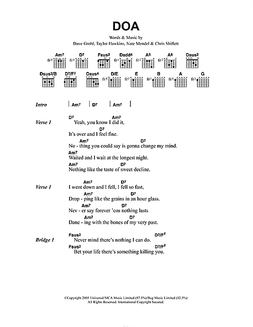 Preview Foo Fighters DOA Rock sheet music, notes and chords for Guitar Tab Play-Along, SKU: 54726 DOA sheet music