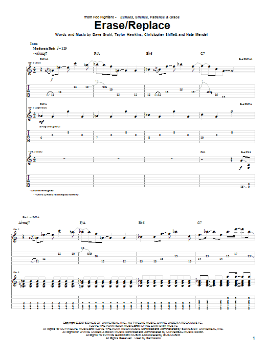 Preview Foo Fighters Erase/Replace Rock sheet music, notes and chords for Guitar Tab, SKU: 63737 Erase/Replace sheet music