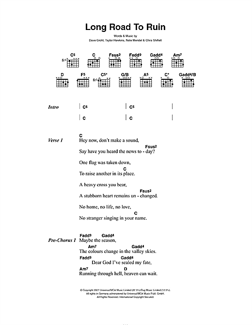 Preview Foo Fighters Long Road To Ruin Rock sheet music, notes and chords for Guitar Tab, SKU: 63719 Long Road To Ruin sheet music