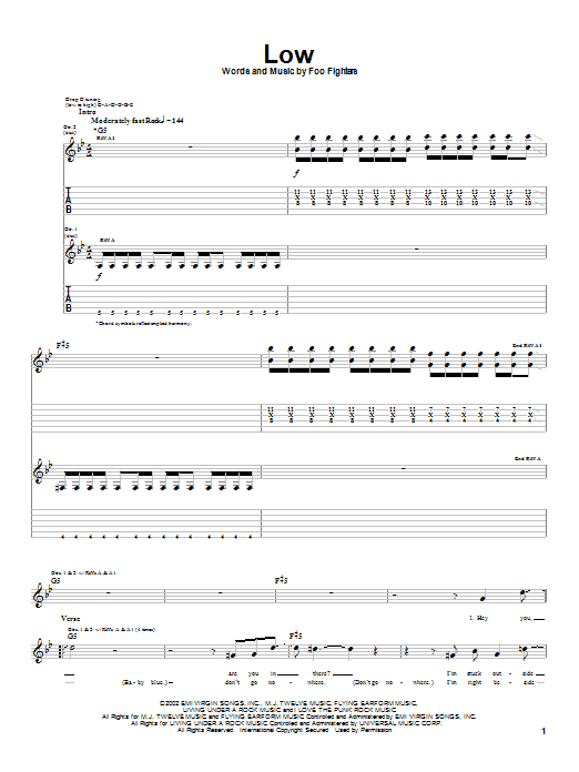 Preview Foo Fighters Low Rock sheet music, notes and chords for Guitar Tab, SKU: 23461 sheet music, piano notes, chords, guitar tabs, score, transpose, transcribe, how to play, guide, download, learn, tutorial, progression, song, artist, awards, billboard, mtv, vh1, tour, single, album, release