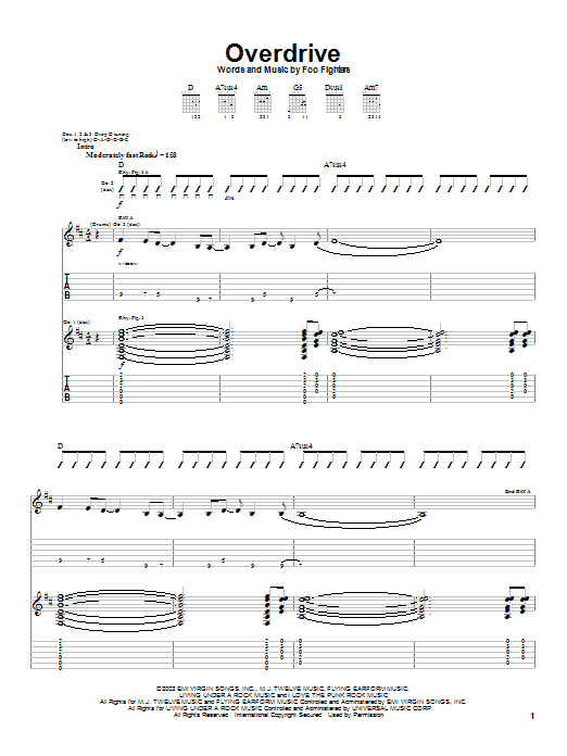 Preview Foo Fighters Overdrive Rock sheet music, notes and chords for Guitar Tab, SKU: 23455 sheet music, piano notes, chords, guitar tabs, score, transpose, transcribe, how to play, guide, download, learn, tutorial, progression, song, artist, awards, billboard, mtv, vh1, tour, single, album, release