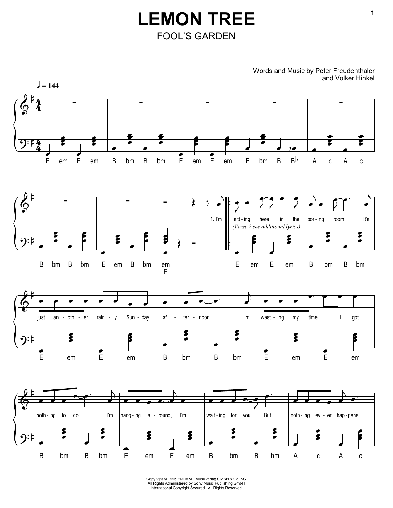 Fool's Garden Lemon Tree Sheet Music Notes & Chords for Accordion - Download or Print PDF