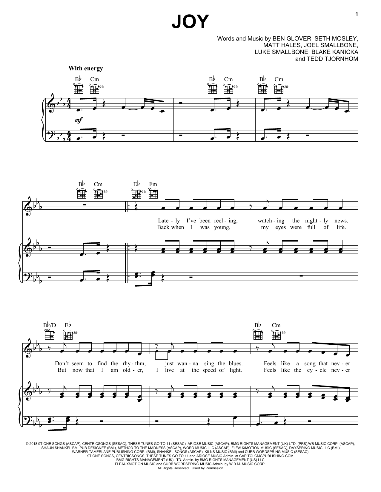 Ben Glover Joy Sheet Music Notes & Chords for Piano, Vocal & Guitar (Right-Hand Melody) - Download or Print PDF