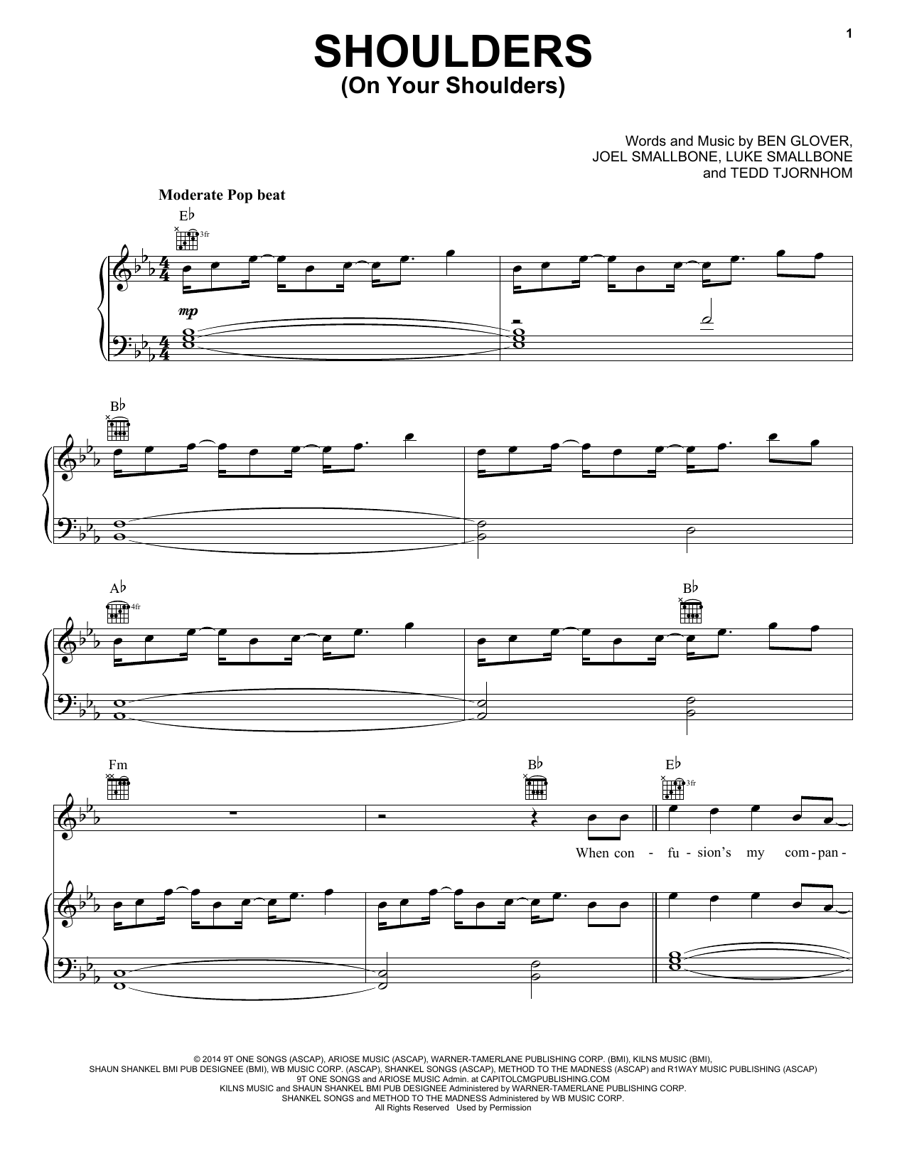 for KING & COUNTRY Shoulders (On Your Shoulders) Sheet Music Notes & Chords for Piano, Vocal & Guitar (Right-Hand Melody) - Download or Print PDF
