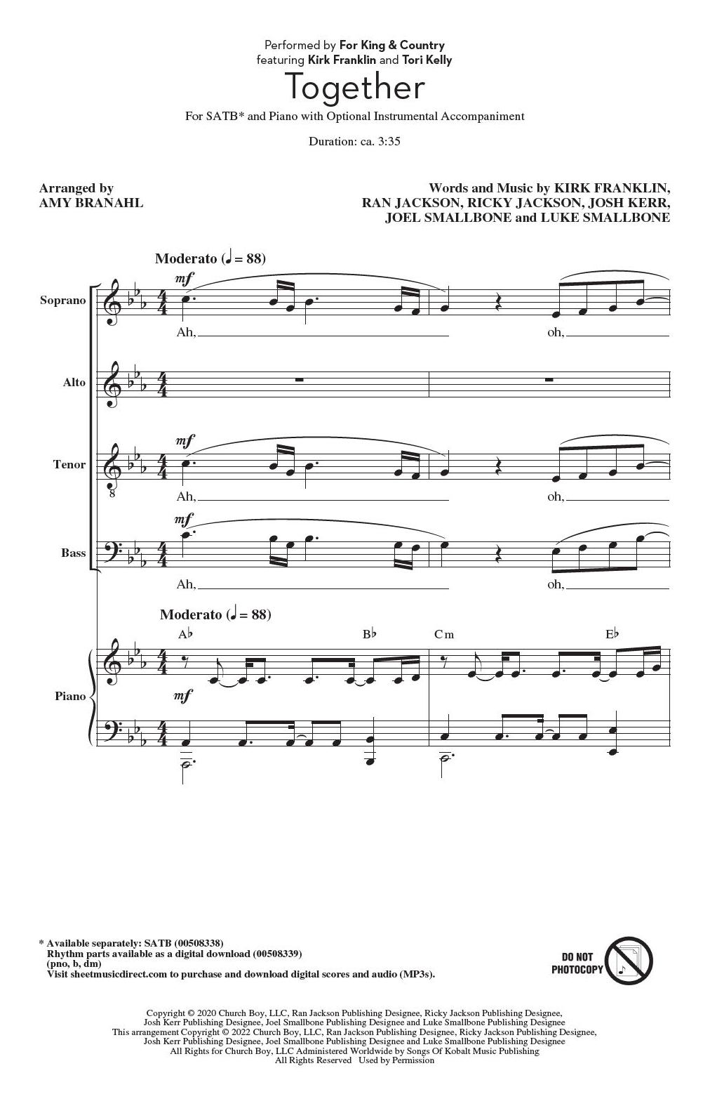 for KING & COUNTRY Together (feat. Kirk Franklin and Tori Kelly) (arr. Amy Branahl) Sheet Music Notes & Chords for SATB Choir - Download or Print PDF