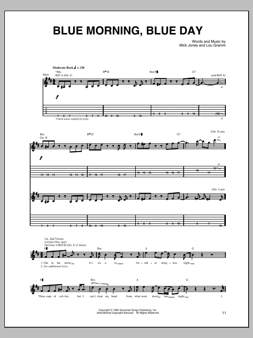 Foreigner Blue Morning, Blue Day Sheet Music Notes & Chords for Guitar Tab - Download or Print PDF