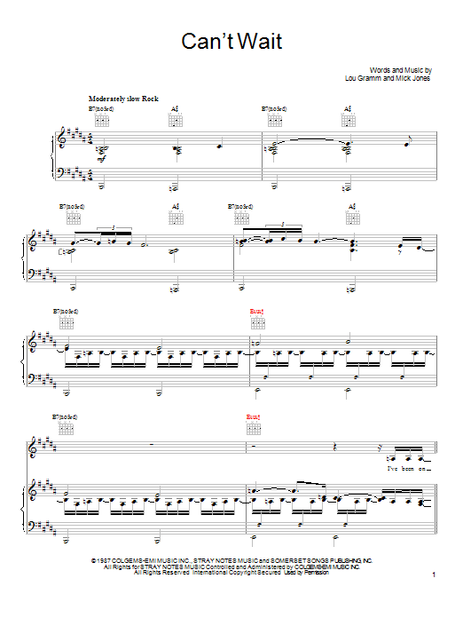 Foreigner Can't Wait Sheet Music Notes & Chords for Piano, Vocal & Guitar (Right-Hand Melody) - Download or Print PDF Foreigner Can't Wait Sheet Music Notes & Chords for Piano, Vocal & Guitar (Right-Hand Melody) - Download or Print PDF
